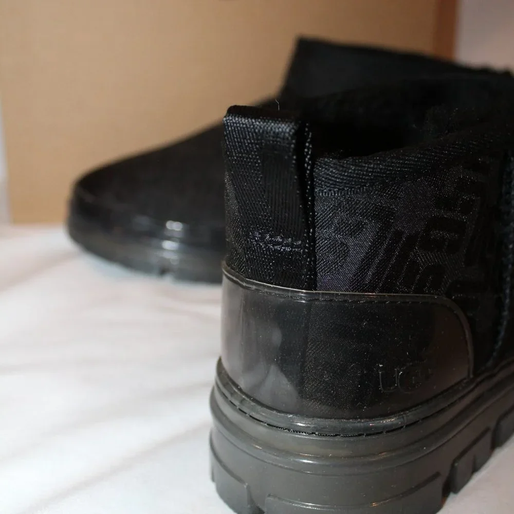 NEW‎ UGG WOMEN'S ULTRA MINI ALL OVER LOGO PLATFORM ANKLE BOOTS BLACK